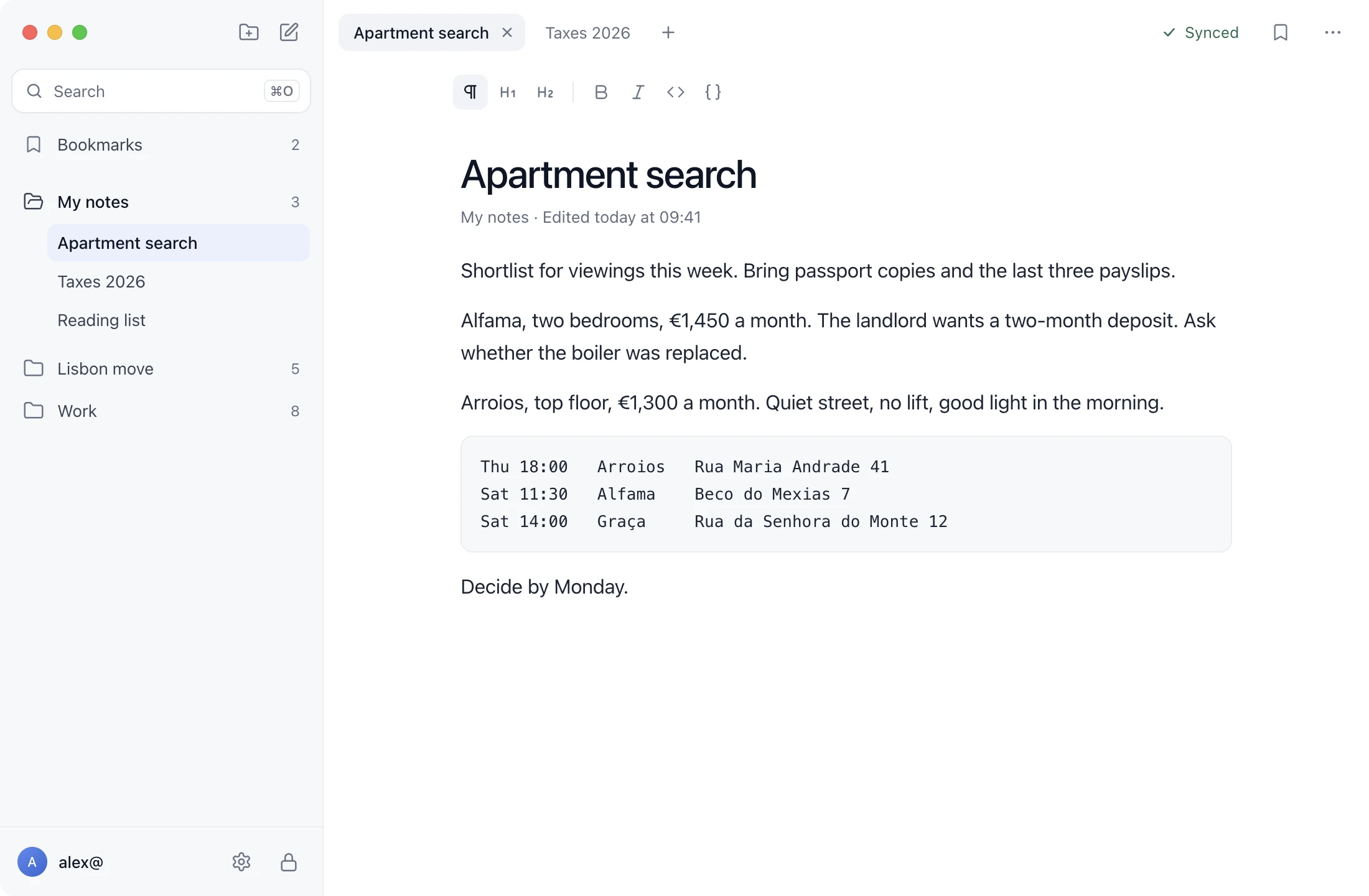 The Verus Notes app showing a note called Apartment search, with a sidebar of folders